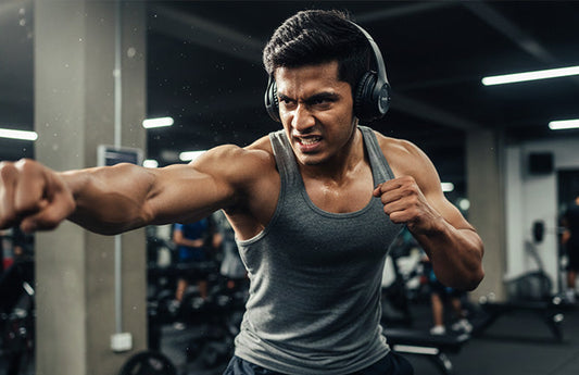 Fitness enthusiast using CTRL8 dual-mode wireless headphones with mic during a workout session