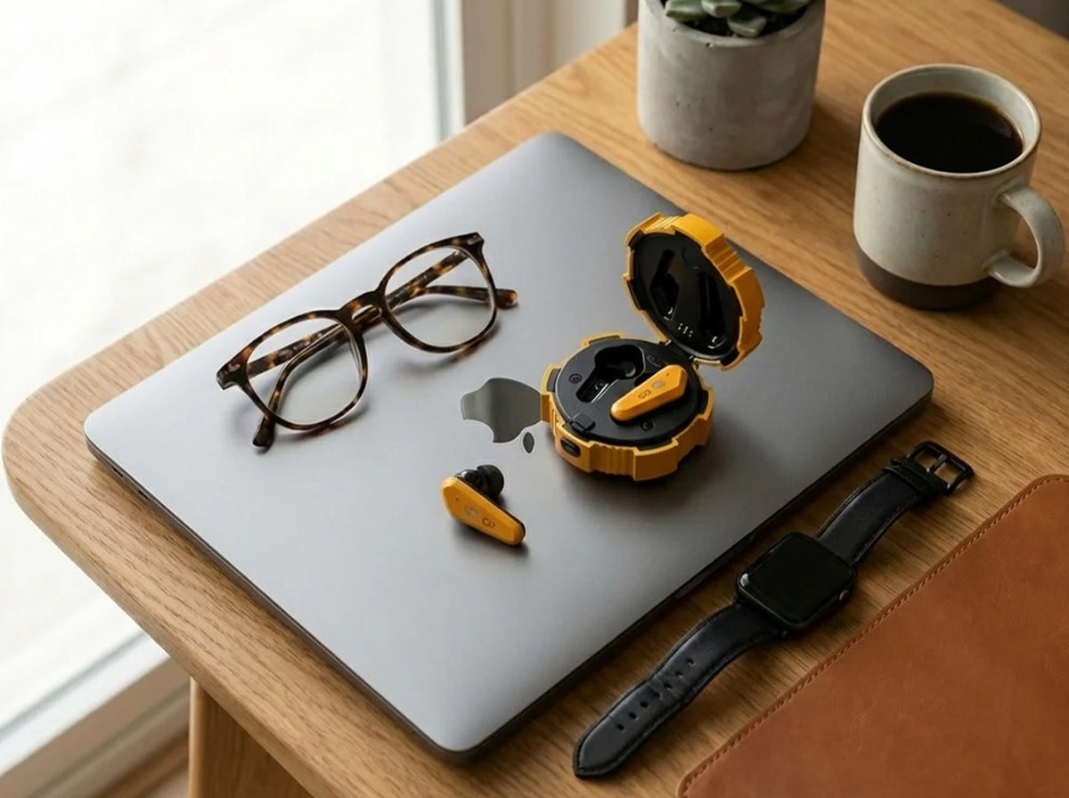 CTRL8 X35 true wireless earbuds in yellow variant placed on a desk with a laptop, coffee, and accessories