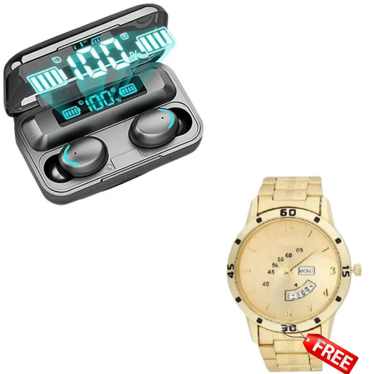 Wireless Watch Earpods With Charging Inbuilt Powerbank With Free Golden Analog Watch