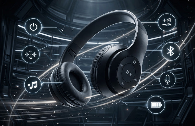 CTRL8 dual-mode wireless headphones with mic featuring immersive sound and Bluetooth connectivity in black