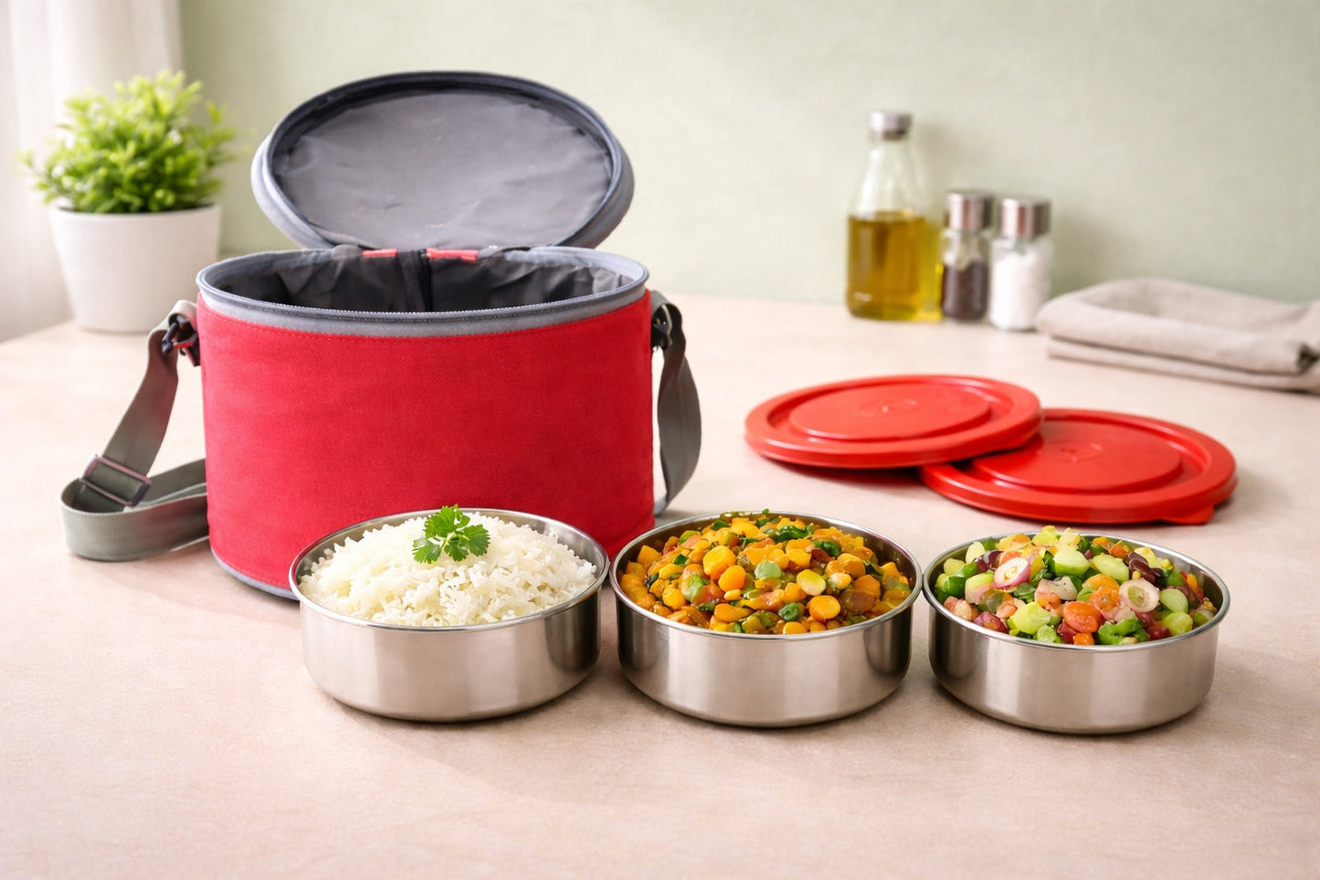 Round Lunch Box – 3 Bowl Set (200 ml Each) with Carry Bag- FL