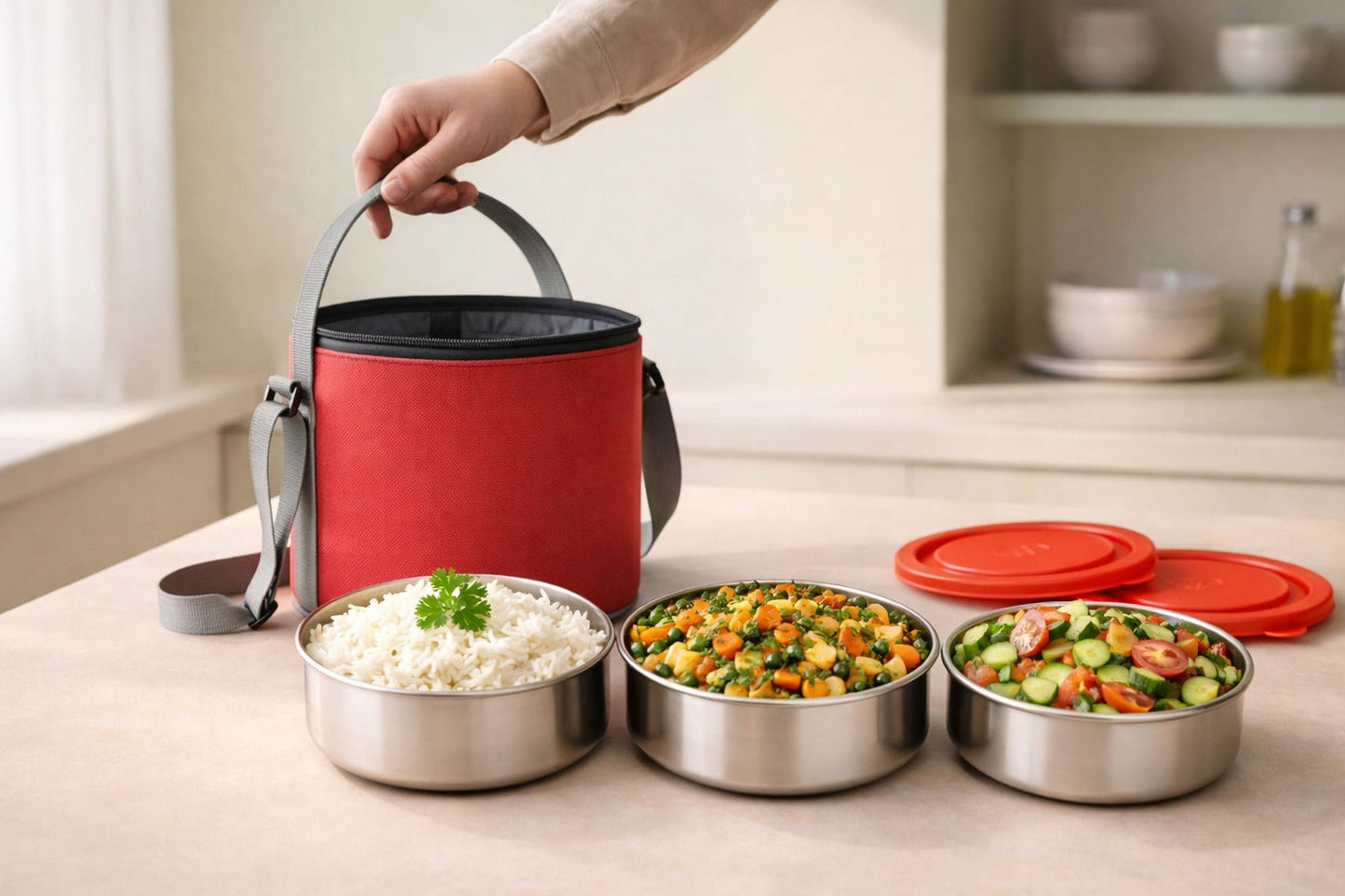 Round Lunch Box – 3 Bowl Set (200 ml Each) with Carry Bag- FL