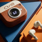 CTRL8 Retro Camera Design Portable TWS Wireless Earbuds with digital battery display and unique brown case