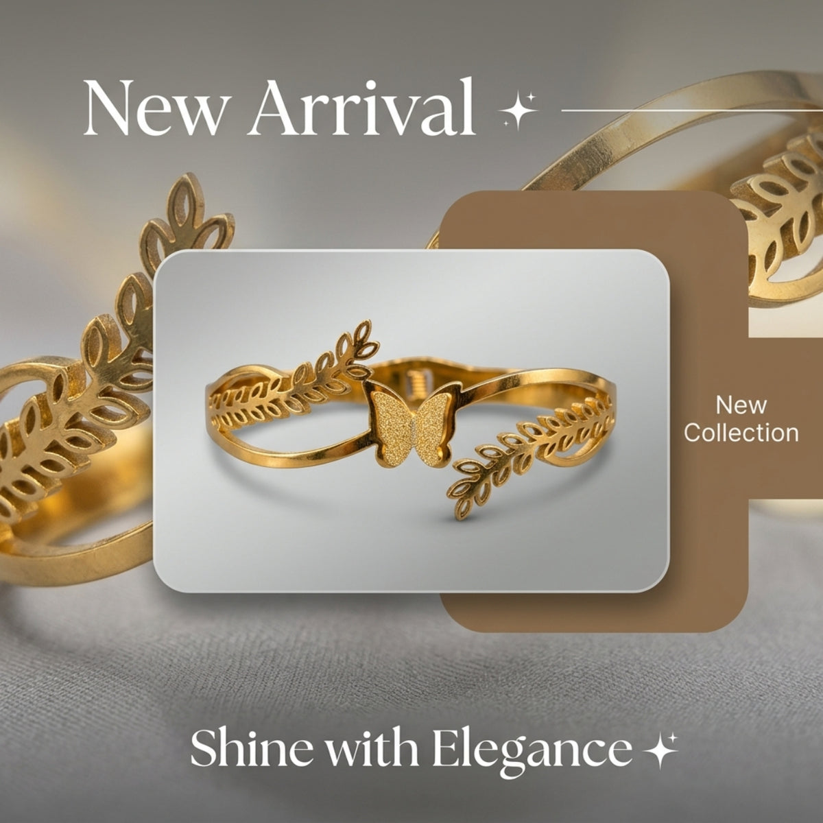 Butterfly Leaf Design Gold-Tone Cuff Bracelet - FK
