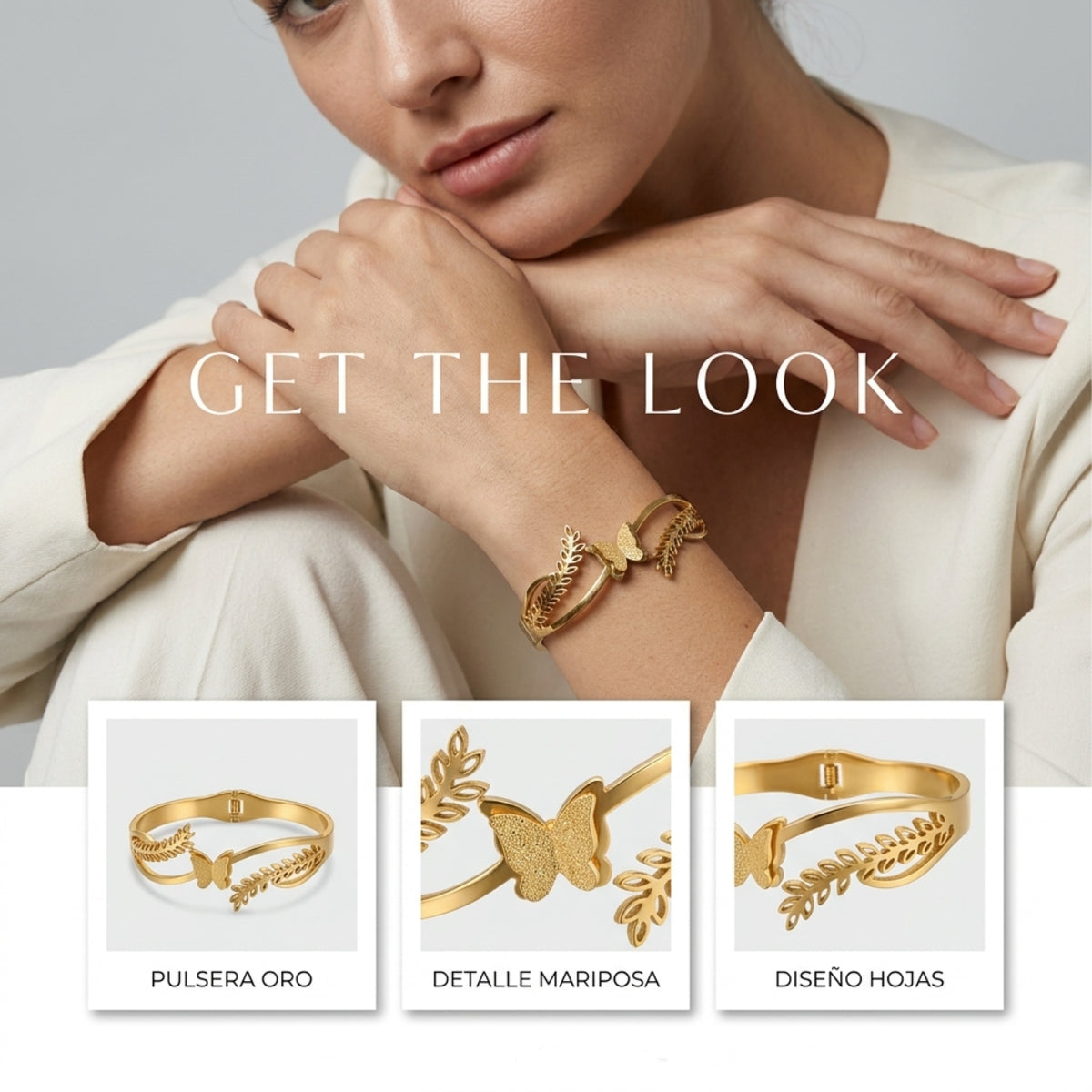 Butterfly Leaf Design Gold-Tone Cuff Bracelet - FK
