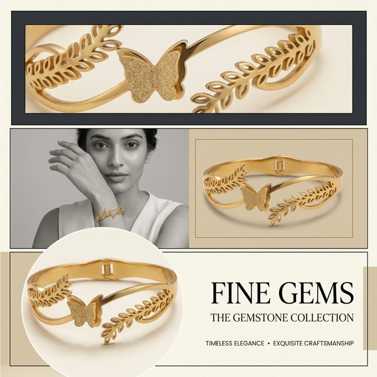 Butterfly Leaf Design Gold-Tone Cuff Bracelet - FK