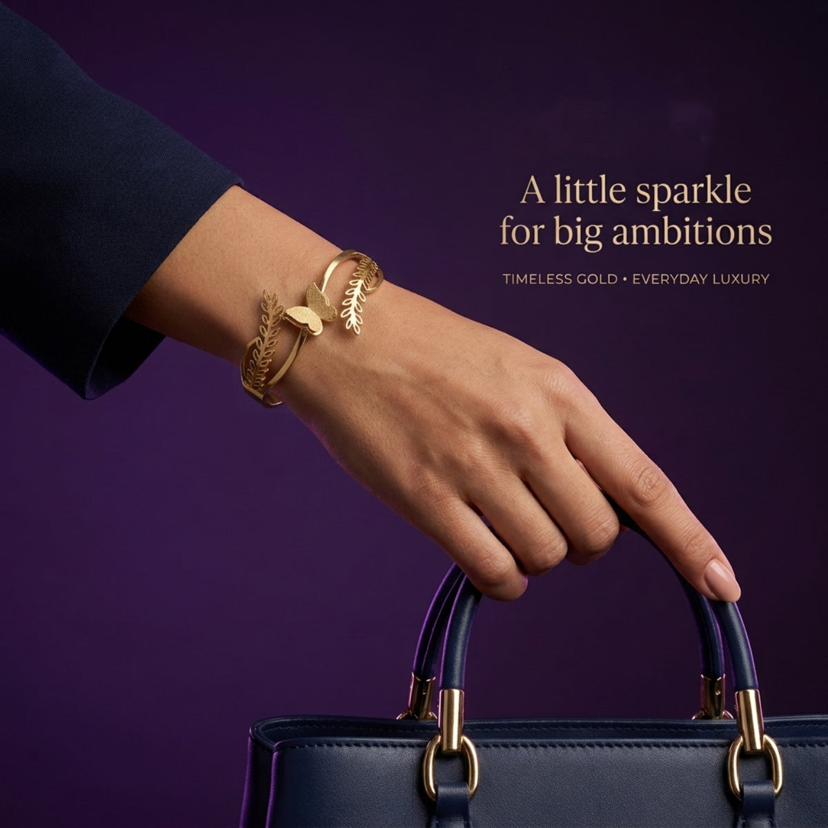 Butterfly Leaf Design Gold-Tone Cuff Bracelet - FK