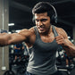 Fitness enthusiast using CTRL8 dual-mode wireless headphones with mic during a workout session